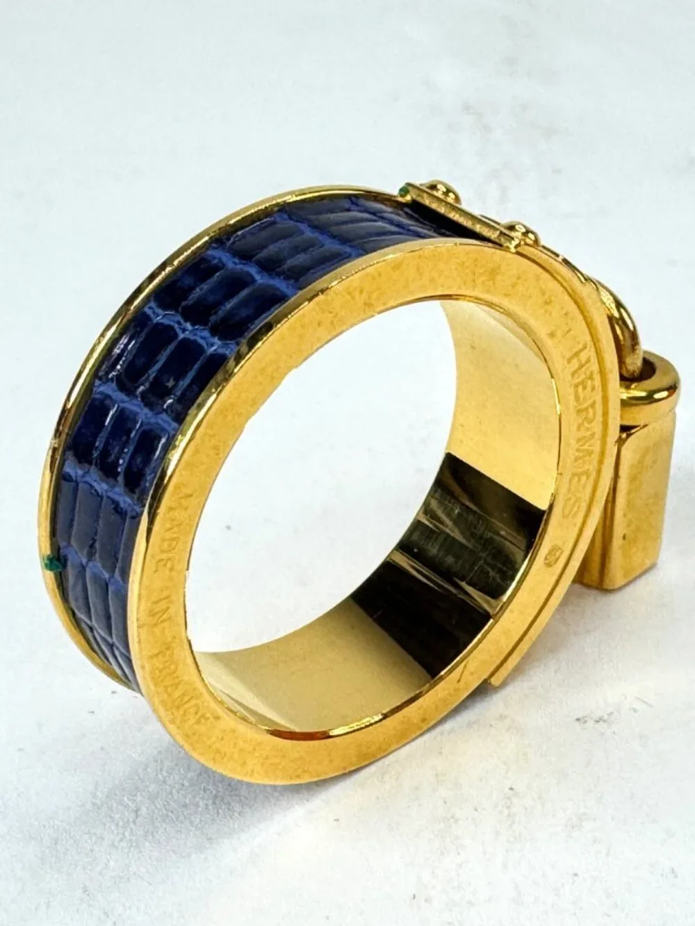 Vintage Hermès Kelly Cadenas Blue Lizard Leather Gold-Plated Scarf Ring GS858